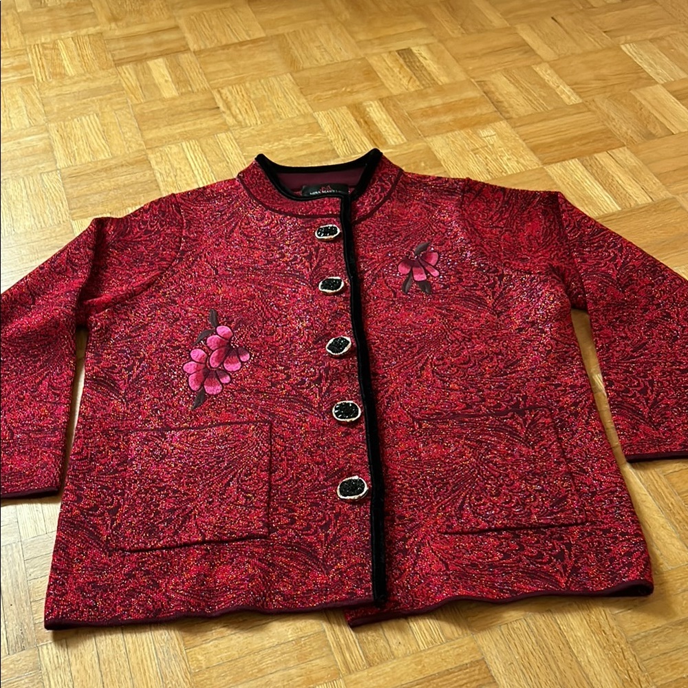 Mina Marylin Elegant Red Women's Jacket with Floral Embroidery. NWOT